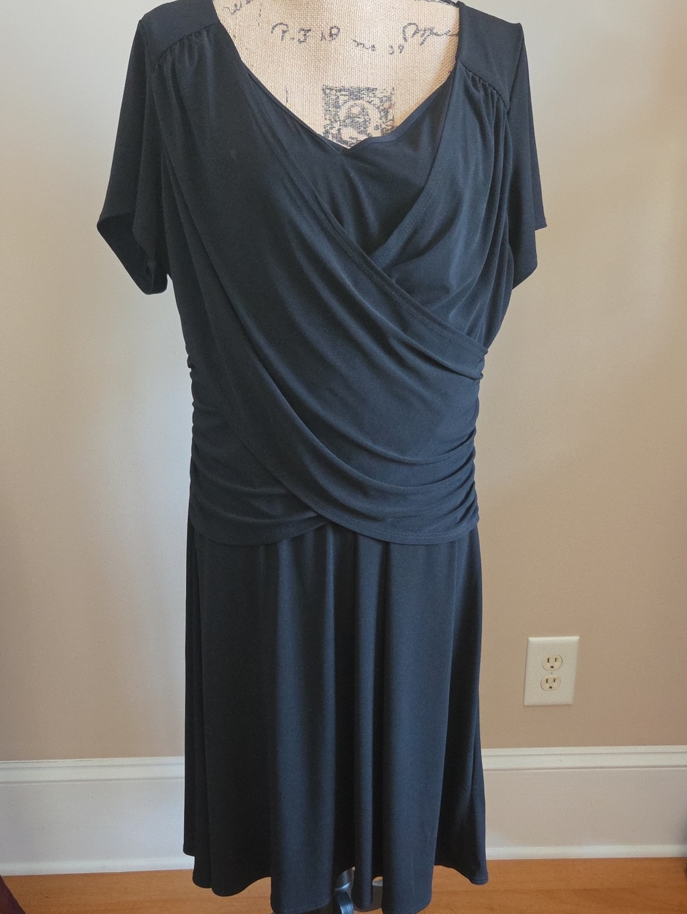 NY Collection B-Slim Black Draped Midi Cocktail Dress W/ Crossover Bodice Sz 1X